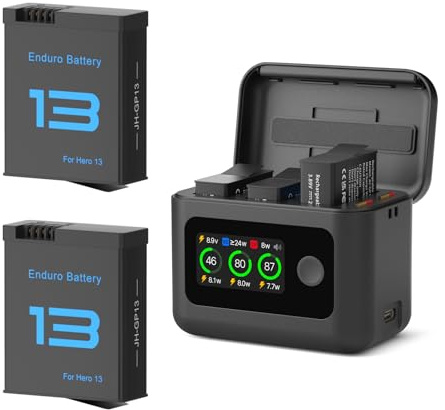 JIMOVA Confezione da 2 batterie e caricabatterie per GoPro Hero 13, batteria enduro da 2100 mAh e hub di ricarica intelligente a due vie, custodia di ricarica rapida a tripla slot con display LCD per