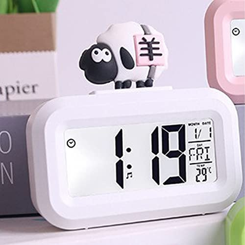 Aoresac Niedliche Elektronische Uhr mit Cartoon-Design, LED-Bildschirm, für Desktop und Kinderzimmer, Digitaler Wecker, Zeitkalender, Temperaturanzeige (Weiße Schafe)