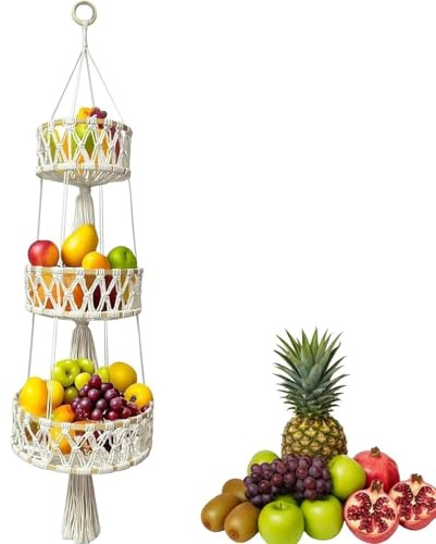 Zbozzba Obstkorb Hängend aus Baumwollseil, Bambus Hängekorb Obst, Böhmisches Bambuskreis Obstnetz,3 Stufiger Hängekorb, für Küche Wohnzimmer Badezimmer Schlafzimmer, 110CM (Beige)