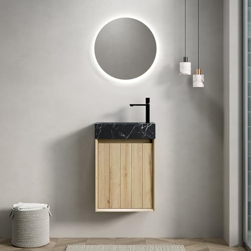 muenfly Waschbecken mit Unterschrank – Vormontierter Wand-Waschtisch mit Stauraumtür, 40 cm Schwarzes Marmor-Steinmuster, Sperrholzschränke in Weißer Eiche, Badezimmer & Gäste-WC