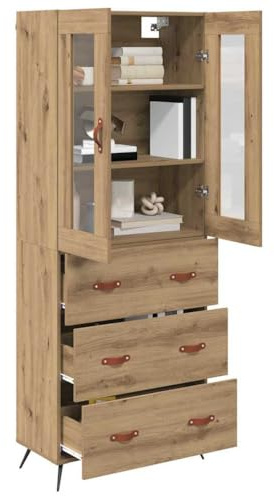 vidaXL Highboard-Schrank mit Regal 2 pcs Artisan-Eiche Holzwerkstoff, Rechteckiger Esstisch-Hochschrank, rustikaler Stauraum, Glastür-Vitrine, modernes Möbelstück für Eleganz