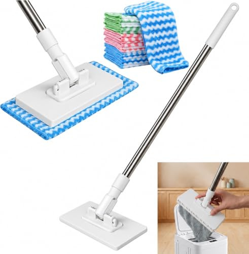 Wischmopp mit Druck-Klemm-System, 130cm Mini-Mopp mit Automatischem Klemmtuch, Wischer Mop ohne Händewaschen, 1-Knopf-Wechsel, Enthält 10 Wiederverwendbare Tücher, Geeignet für Bad