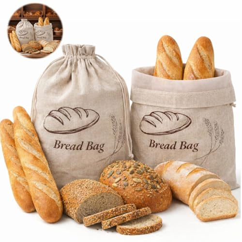 Natural Linen Bread Bag 2PCS Bread Bags for Homemade Brea/d, Reusable TPU Lined Brea/d Bag Eco Bre/ad Bag with Drawstring Closure Food Storage Bag, 15 x 12 In