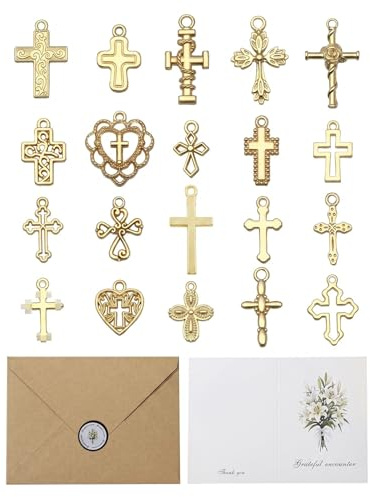 DBCEJF 20 Ciondoli Croce per Bomboniere Cresima Ragazzo e Ragazza, Set Regalo Comunione con Biglietto Auguri Giglio Bianco e Busta, Oro