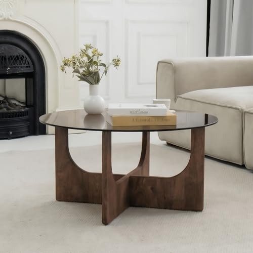 Cagnolier Couchtisch Runder,Wohnzimmertisch,Beistelltisch mit Sockel aus Walnussholz,mit Tischplatte aus gehärtetem Glas,Stabil und Langlebig,für Wohnzimmer,Schlafzimmer,Moderner 60 x 60 x 41cm