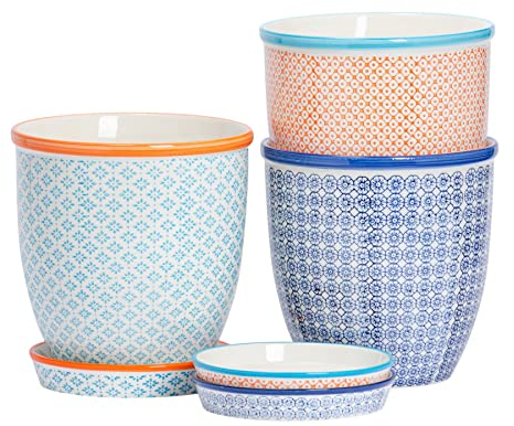 Nicola Spring Pots végétaux imprimés à la Main avec soucoupes - Planteur de Fleurs en Porcelaine de Style Japonais - 20,5 cm - 3 Couleurs - Pack de 3