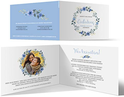 10 x Hochzeitseinladungen Einladungskarten individuell A6 Klappkarten - Blaue Blumen