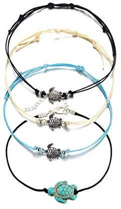 Meetlight Fußkettchen für Damen, Schildkröte, mit Wachsseil, Bohemian-Fußkettchen, 4 Stück