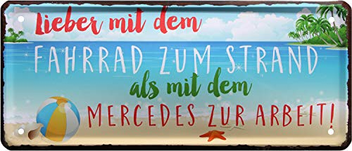 WOGEKA ART Retro Blechschild - Lieber mit dem Fahrrad zum Strand, als... - witziger Spruch als Geschenk-Idee Geburtstag Weihnachten Dekoration 28x11 cm Vintage-Design Metall 2115