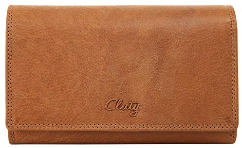 Cluty Geldbörse Echt Leder Damen | Portemonnaie mit RFID-Schutz, Brieftasche mit Münzfach, Geldbeutel aus Leder, große Geldtasche mit Reißverschluss cognac | 020351