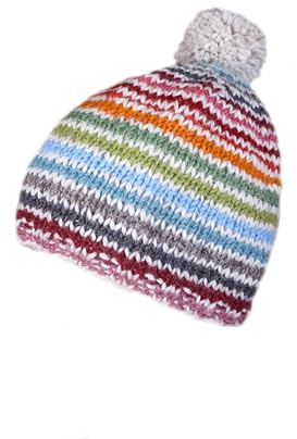 Pachamama Women Wool Beanie Bobble Hat Fleece Lined Handknitted Stripe Multicoloured One-Size Handmade Extra Warm Fair Trade