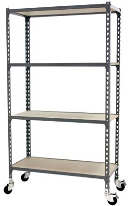 Simon Rack Metallregal mit Rollen 1575x1100x300 mm - Maderclick | 4 Höhen, Holzablage, Biegepunkt 75 kg, Korrosionsschutzlackierung, Klicksystem-Montage, Grau