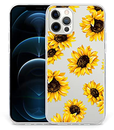 Sephonie Flower Case for iPhone 12 Pro Max (6.7 Inch), Floral Pattern Clear Slim Fit Girly Design, Shockproof Protective Hard PC Back with Soft TPU Bumper Phone Cover for Girls and Women | Sunflower