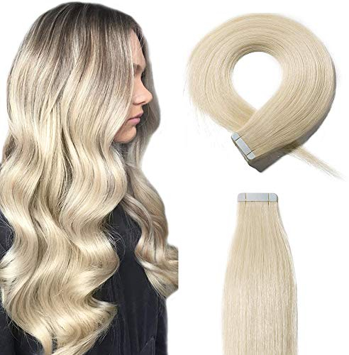 SEGO Tape in Extensions Echthaar 20 Tressen Haarverlängerung Kleber Haarteil Remy Haar [mit 10pcs free Tapes] -40G Platinumblond#60 12(30cm)-40g