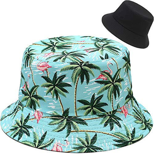 Malaxlx Damen Kokosnuss Baum Flamingo Grün Druck Fischerhüte Sonnenhut Strandhut Fishermütze Sommerhut Draussenhut Faltbarer Reversibel