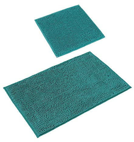 PANA 'Paris' Badeteppich-Set • Flauschige Vorleger für Badezimmer und WC • Badteppich rutschfest & waschbar • Chenille Badematte • Set: 45 x 45 cm ohne WC Ausschnitt + 50 x 80 cm • Farbe: Petrol