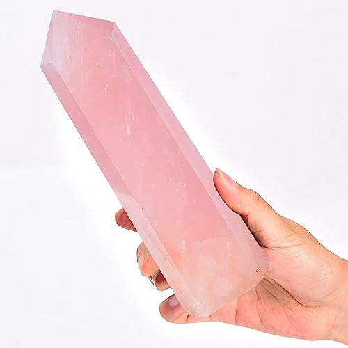 MOGEMT Big Rose Quartz Healing Crystal Wand Point Obelisk Tower 6 Faceted Reiki Chakra Meditation Therapy 1.7-2Lbs