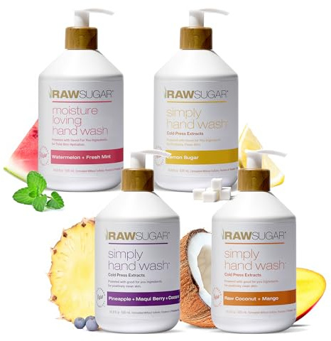 RAW SUGAR Hand Wash Variety Bundle - Lemon Sugar, Watermelon + Fresh Mint, Pineapple + Maqui Berry + Coconut & Raw Coconut + Mango, Formulated without Sulfates & Parabens (16.9 fl. oz, Pack of 4)