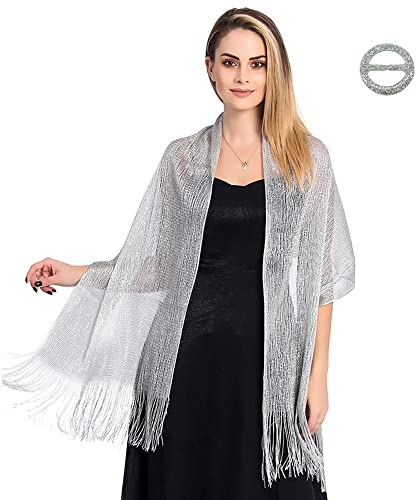 TOEECY Damen Glitzer Stola Schal Funkelnde Metallische Tücher Wickel mit Schalschnalle Elegante Weich Umschlagtuch mit Fransen für Hochzeit Brautjungfer Abendkleid Party Abschlussball (Silber)