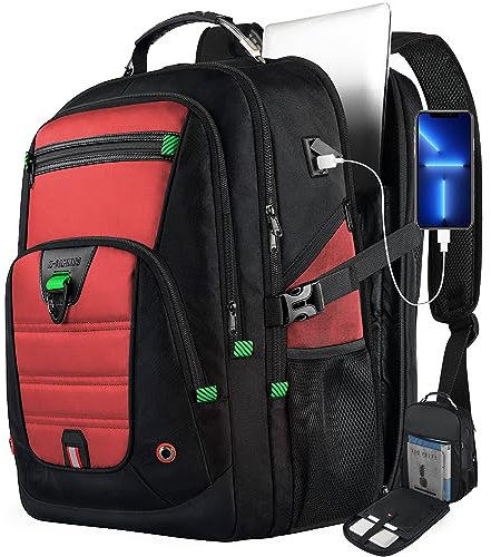 Extra Large Laptop Backpack, Travel Backpack 50L, Waterproof Computer Backpack with USB Port, TSA Approved Business Bag for Men Women Teacher, Heavy Duty Backpack Fits 17.3 Inch Laptop & Notebook, Red