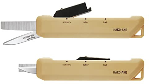 KOKUYO 2-Way Portable Scissors, HAKO-AKE Compact Pocket Size Travel Scissors, Carbon Stainless Steel Blade All Purpose Craft Scissor Box Cutter for Office, Travel and Home. Sand Beige (Hasa-420LS)