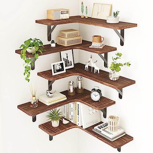 Fixwal - 5 schwebende Eckregale, rustikales Holzregal für Badezimmer, Küche, Schlafzimmer, Heimdekoration, Waschküche, Wohnzimmer (dunkel karbonisiertes Schwarz)