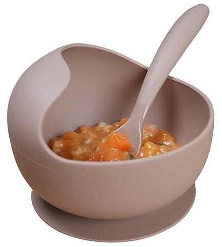 Moewe Silikon Schüssel mit Rutschfestem Saugnapf und Löffel | Futter- & Entwöhnungsschale für Babys & Kleinkinder | BPA-frei | Spülmaschinen- und Mikrowellenfest | Sicher & Hochwertig (Karamel)