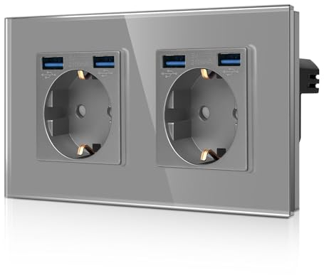 CNBINGO Doppelsteckdose mit 4× USB Anschluss (2 Typ-A total Max.2,1 Amp) - Zweifach Glas Schuko Steckdose Unterputz - Grau Wandsteckdose mit Kindersicherung