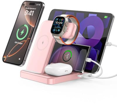 Intoval 5-in-1 Charging Station, for iPhones 16 Pro Max/16 Pro/16 and Androids, iPad Pro/Air/Mini, Apple Watch 10/Ultra 2/Ultra/9/8/7/SE, Wireless Charging Dock for Multiple Devices (Pink)