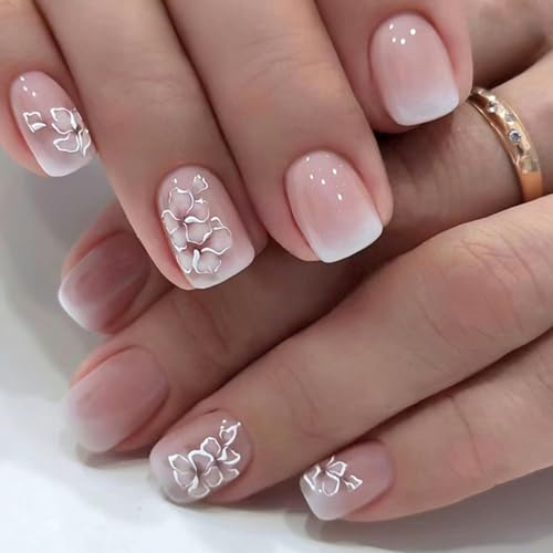 Ceboic 24 Stück Press on Nails Eckig Kurz, French Weiß Blumen Künstliche Nägel Glossy Ballerina Falsche Nägel, Rosa Gradient Kunstnägel Nägel Zum Aufkleben für Frauen und Mädchen
