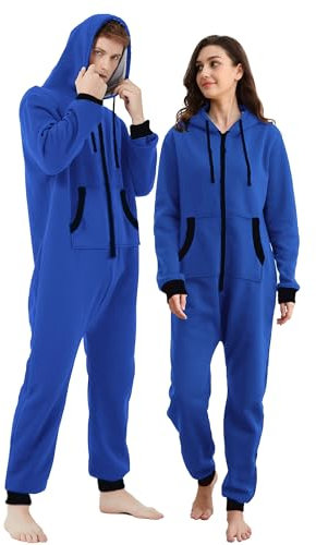 Dodheah Tutina Unisex per Adulti Tuta Comoda Pigiama di Natale con Cappuccio e Cerniera Abiti da Notte Homewear Blu-Nero Cerniera-XL