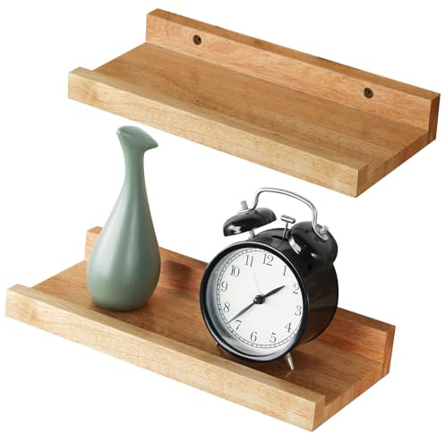YheenLf Wandregal, 2er Set, 30 x 12 cm Schweberegal, Regalbrettmit für Fotorahmen und Dekos, für Wohnzimmer, Arbeitszimmer, Badezimmer, Küche, Holzfarbe
