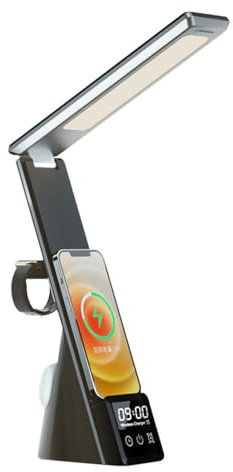 iFCOW Table Lamp with Clock, Foldable LED Desk Lamp with Wireless Charger Digital Alarm Clock Desk Light with Clock Compatible with iWatch iPhone Airpods