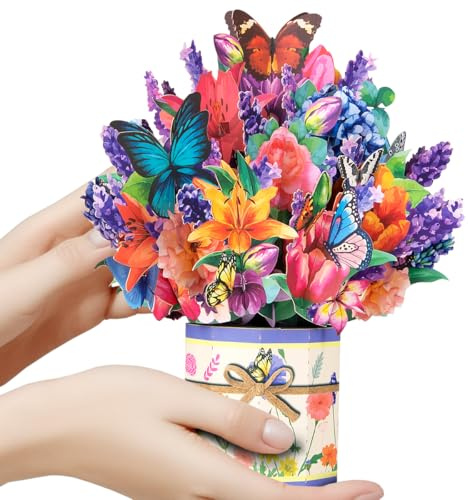 CNLITIHEKA Butterfly Flower Bouquet Pop Up Card Mother's Day Flower Card Get Well Soon Card Pop Up Greeting Card 3D Birthday Card Includes Envelope and Note Tag.
