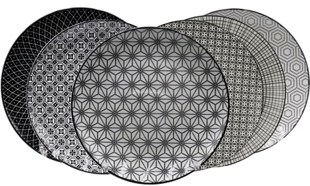 Artime - Lot de 6 Grandes Assiettes Noires et Blanches, Vaisselle avec Motifs, Assiettes Plates en Porcelaine, Assiettes Adaptées au Lave-vaisselle et Micro-onde