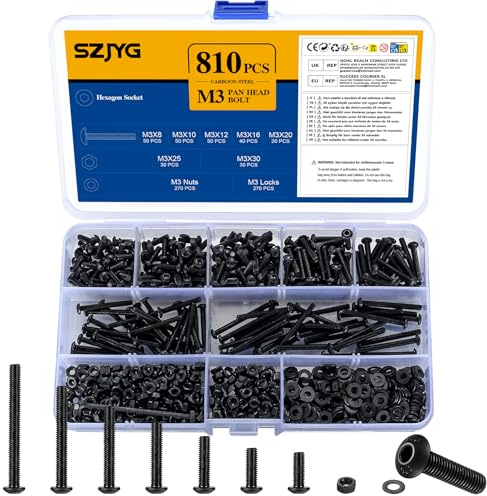 810 Pcs M3 Nuts and Bolts Set, Hex Socket Button Head Cap Screws Bolts and Nuts Set, Round Hex Socket Head Machine Screws and Washers Assortment Kit, Carbon Steel, Black (M3)