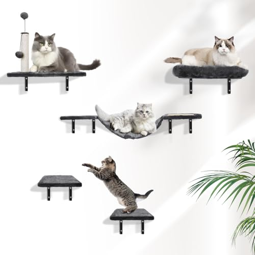 GOQELK Kletterwand Katzen Set-Katzenbaum,6-Teiliges Wandregale, Wandpark mit Katzensalon, Katzenbrücke, Katzenbaum, Katzentreppe und Kratzbrett bis zu 13 kg Frühlingsbälle für Katzen