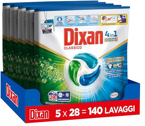 Dixan DISCS 4in1 Classico Detersivo Lavatrice, 5 confezioni da 28 Lavaggi, Capsule lavatrice per una pulizia profonda del bucato e freschezza igienica per lavatrice, Rimuove le macchie da 20°C