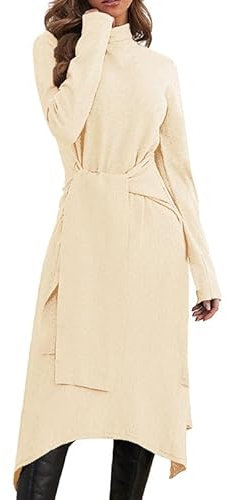 Alaster Queen Strickkleid Damen Lang Winter Herbst Mit Rollkragen Langarm Gürtel Warmer A-Linie, Aprikose, S