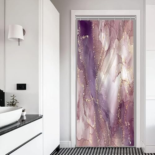 Xiaoterna Rideau de Douche en marbre Mauve Éclats d'or Rideau de Salle de Bain Mixte Violet Blanc Éclats d'or Rideau de Douche marbre coloré Tissu imperméable et Lavable en Machine 90x180cm