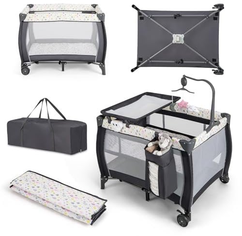 COSTWAY Cuna Bebe 3 en 1 con Cambiador de Pañales, Parque Infantil Portátil con Moisés Desmontable, Cuna de Viaje Plegable con Barra de Juguetes Giratoria, Colchón, Bolsa de Transporte (Multicolor)