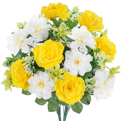 Minnhua Cemetery Flowers for Grave 2pcs Artificial Yellow Rose for Outdoors