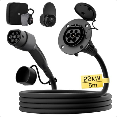 dé Typ 2 Verlängerungskabel [5m, 22kW, 32A] 3-Phasen Ladekabel 400V, Schutzart IP54, kompatibel mit Allen IEC62196-2 BEV und HPEV, mit Tragetasche
