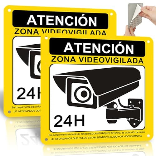 ROUMIO® 2 Piezas Cartel Videovigilancia de Aluminio - 15x15 cm Cartel Zona Videovigilada - Con pegatinas autoadhesivas y agujeros reservados - Patrones llamativos - Robustas y duraderas