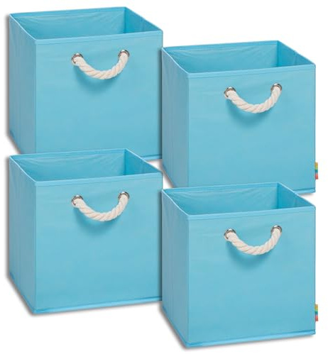 Storanda | 4er Set Aufbewahrungsbox | Kordel Griffband | Stabile & Faltbare Boxen | Regalboxen für Würfelregal Kallax | Ideal für Zuhause & Kinderzimmer | 30x30x30 cm | Türkis