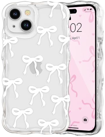 QLTYPRI Case for iPhone 14 Plus/15 Plus, Cute Ribbon Bow Curly Wavy Frame Clear Phone Case for Girls Women, Aesthetic Bowknot Transparent Soft Silicone TPU Bumper Shockproof Protective Cover - White