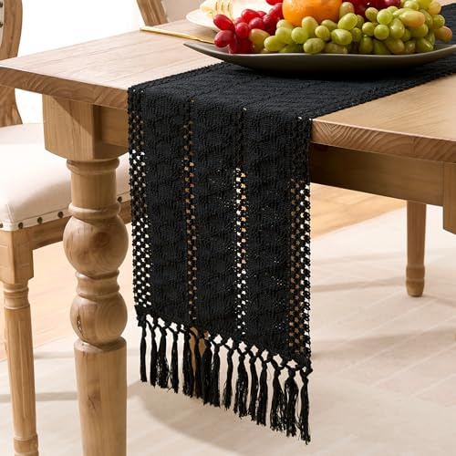 Makramee Tischläufer Modern Schwarz Landhausstil Quasten Tischläufer 30x180 cm Boho Waschbar Frühling Küche Tisch Läufer Wohnzimmertisch Dekor für Hochzeit Urlaub Party Geburtstag