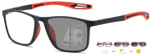 ABETOS Gleitsichtbrille Multifokale Lesebrille Photochrome Blaulichtfilter TR90 Rahmen Sportliche Herren Damen Multifokus Lesehilfe mit Sonnenbrille, Schwarz und Rot+2.5