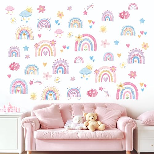Fufuquare Sticker Muraux DIY de Arc - en - Ciel Cartoon Roses, Fleurs et Nuages Autocollant Mural Auto - adhésif pour Chambre des Filles Chambre à Coucher Salon
