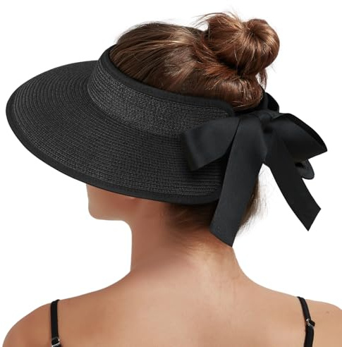 Creekstone Chapeau de soleil pour femme avec visière de paille à large bord, protection UV, pliable, chapeau de plage, queue de cheval, voyage, UPF 50+
